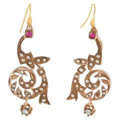 Antique 9K Rose Gold 1.0ct Diamond and Ruby Drop Earrings MF07-081926