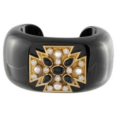 VERDURA 18K Yellow Gold 2.20ct Diamond, Black Jade, Onyx and Pearl Cuff Bracelet