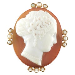 14K Rose Gold Hardstone Agate and Pearl Cameo Brooch MF02-082426