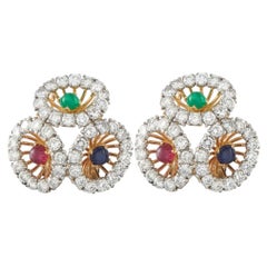 Cartier 18K Yellow Gold 7.56ct Diamond, Ruby, Emerald, and Sapphire Dress Clips