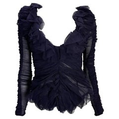 F/W 2001 Yves Saint Laurent by Tom Ford Ruched Purple Tulle Sheer Ruffle Blouse