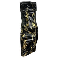 S/S 1999 Dolce & Gabbana Vestido bodycon negro "efecto mojado" pintado a mano con bambú dorado