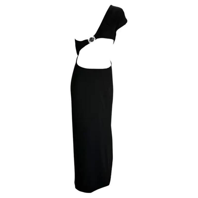 1998 Gianni Versace by Donatella Black Medusa Medallion Asymmetric Cutout Gown