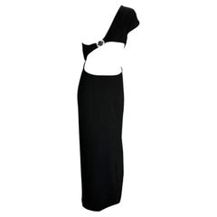 1998 Donatella Versace for Gianni Versace Nero Medusa Medallion Asymmetric Cutout Gown