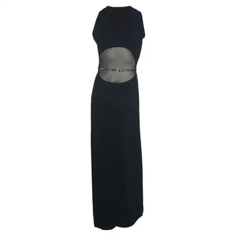 F/W 2001 Paco Rabanne Runway Buckle Sheer Panel Black Bodycon Y2K Gown en vente