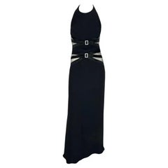 2000s Valentino Black Sheer Panel Halterneck Rhinestone Buckle Gown