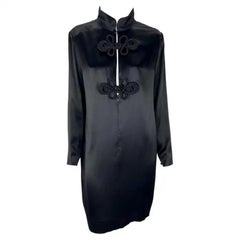 1990s Chloé Black Oversized Black Satin Plunging Mandarin Collar Shift Dress