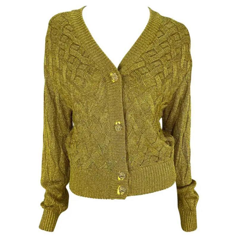 Atelier Versace A/I 1992 Maglione cardigan in maglia a cavi metallici dorati