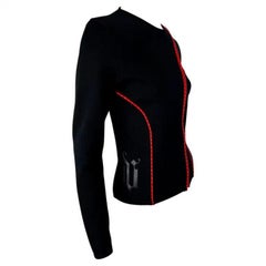 Early 2000s Gianni Versace by Donatella Red Leather Logo Appliqué Knit Zip Top