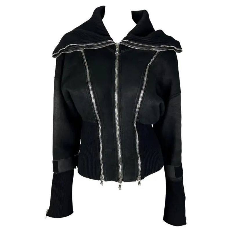 F/W 2003 Dolce & Gabbana Black Shearling Zipper Velcro Strap Jacket en vente