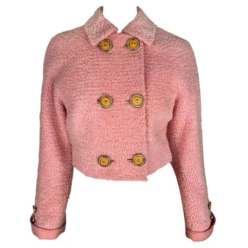 F/W 1994 Gianni Versace Light Pink Tweed Cropped Double Breasted Runway Jacket