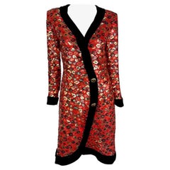 1980s Givenchy Red Sequin Leopard Pattern Velvet Trim Wrap Dress