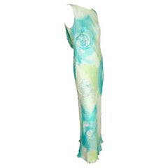 Late 1990s Bob Mackie Blue Pastel Rose Floral Beaded Sleeveless Gown