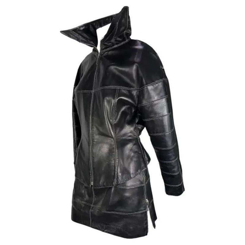 F/W 1991 Claude Montana Pasarela Chaqueta de cuero Moto Conjunto de falda