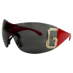 Early 2000s Dolce & Gabbana Red Shield Rimless Rhinestone Sunglasses