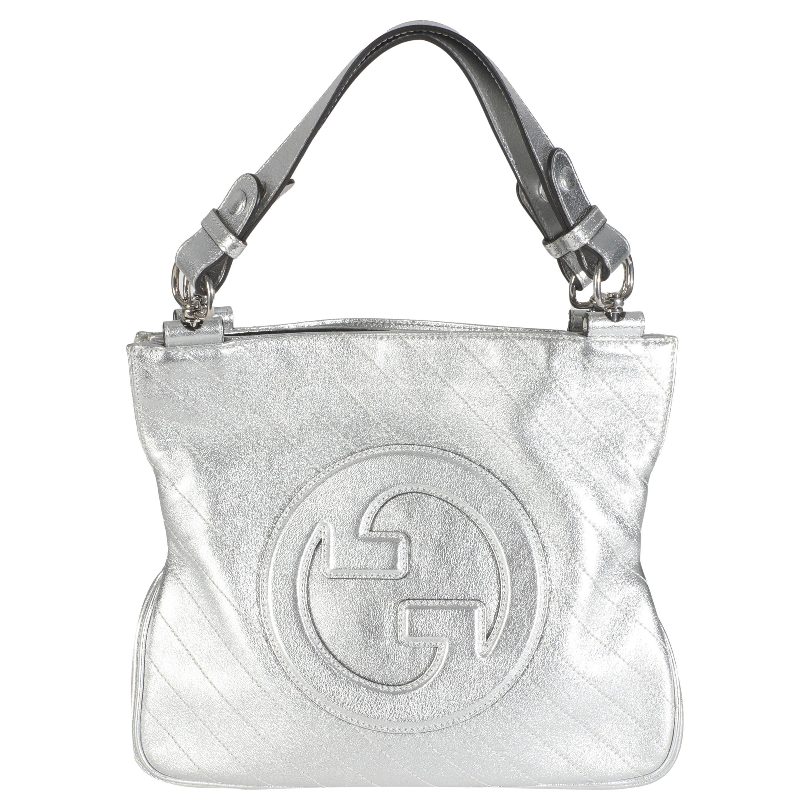 Gucci Silver Metallic Sakai Diagonal Stitch by Stitch in pelle di vitello Small Blondie Tote