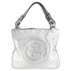 Gucci Silver Metallic Sakai Diagonal Stitched Calfskin Small Blondie Tote