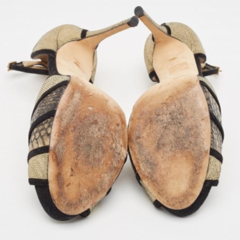 Jimmy Choo Black Suede & Gold Python Leather Kalpa Ankle Strap Sandals Size 39.5 For Sale 2