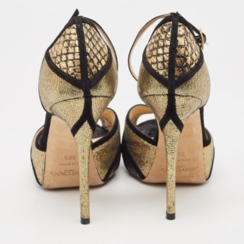 Jimmy Choo Black Suede & Gold Python Leather Kalpa Ankle Strap Sandals Size 39.5 For Sale 1