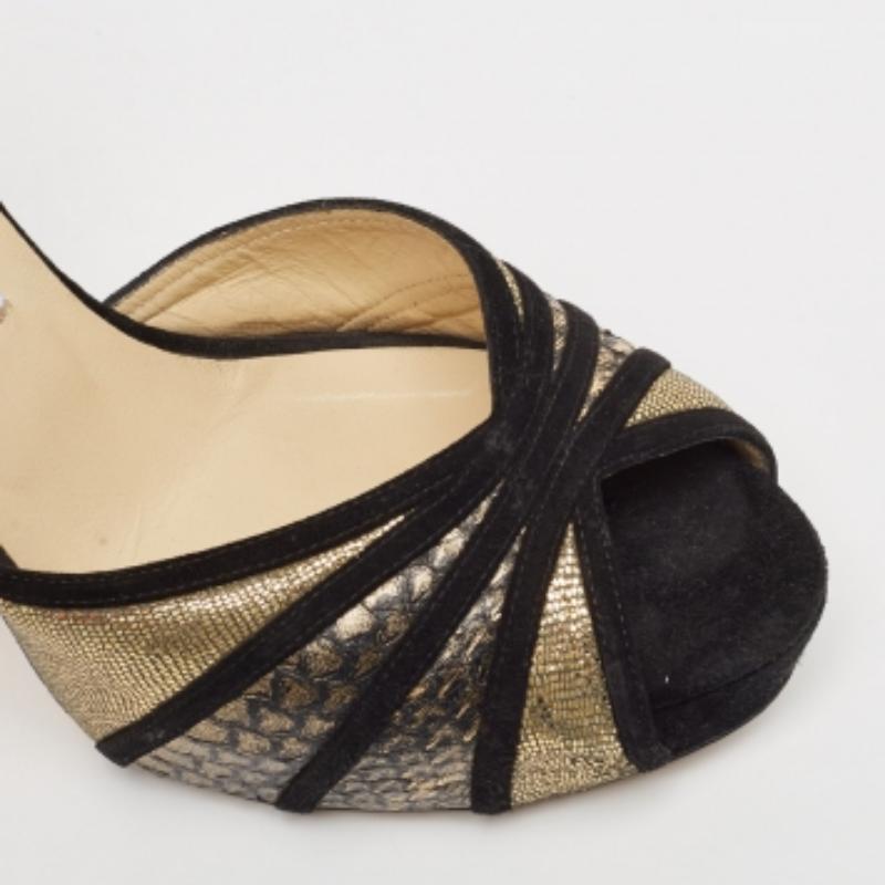 Jimmy Choo Black Suede & Gold Python Leather Kalpa Ankle Strap Sandals Size 39.5 For Sale 3
