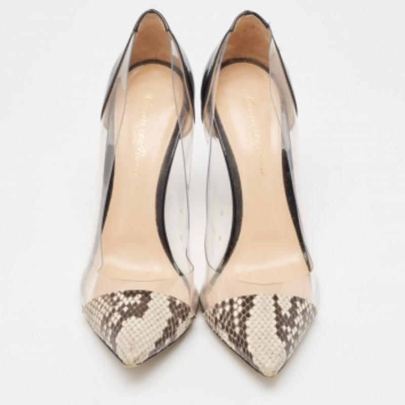 Beige Gianvito Rossi Multicolor Python Leather and PVC Plexi Pumps Size 38 For Sale