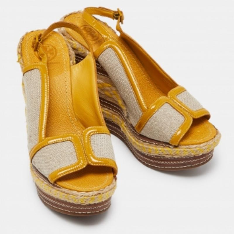 Marron Tory Burch Canvas & Leather Espadrille Wedge Platform Slingback Sandals Size 40 en vente