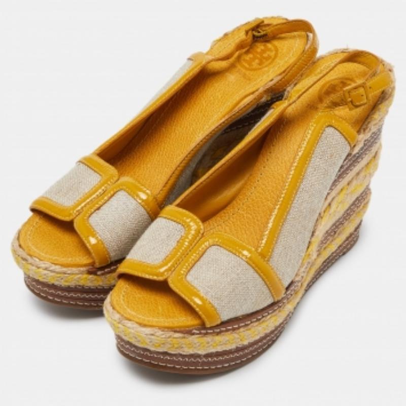Tory Burch Canvas & Leather Espadrille Wedge Platform Slingback Sandals Size 40 en vente 2