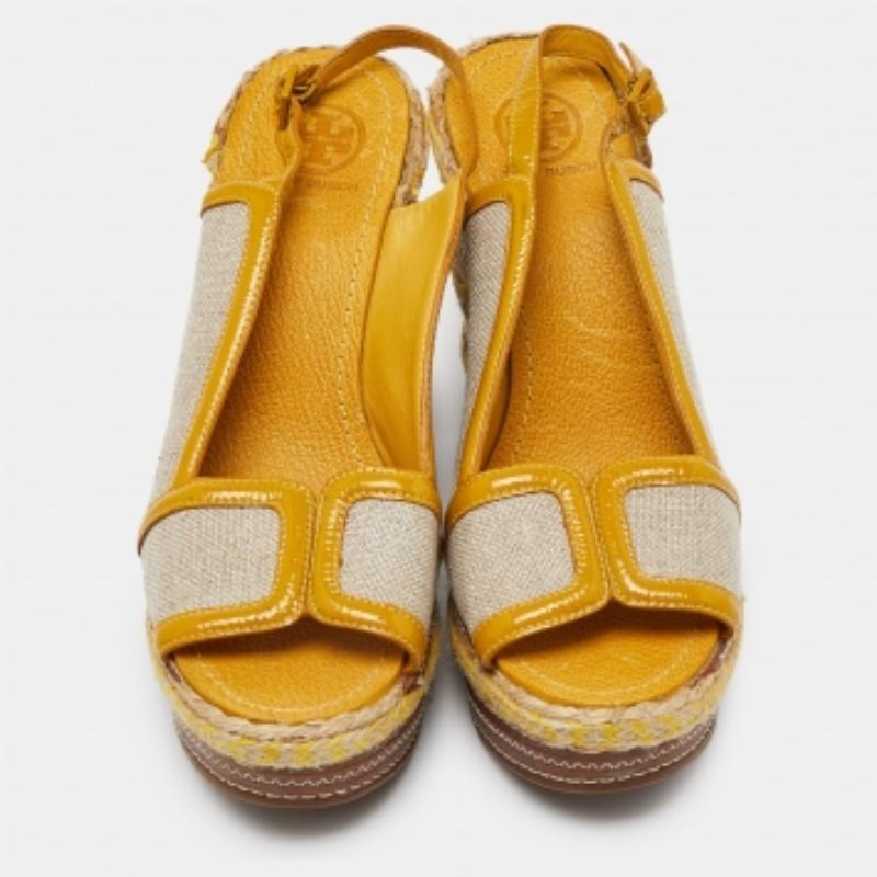 Tory Burch Canvas & Leather Espadrille Wedge Platform Slingback Sandals Size 40 en vente 3