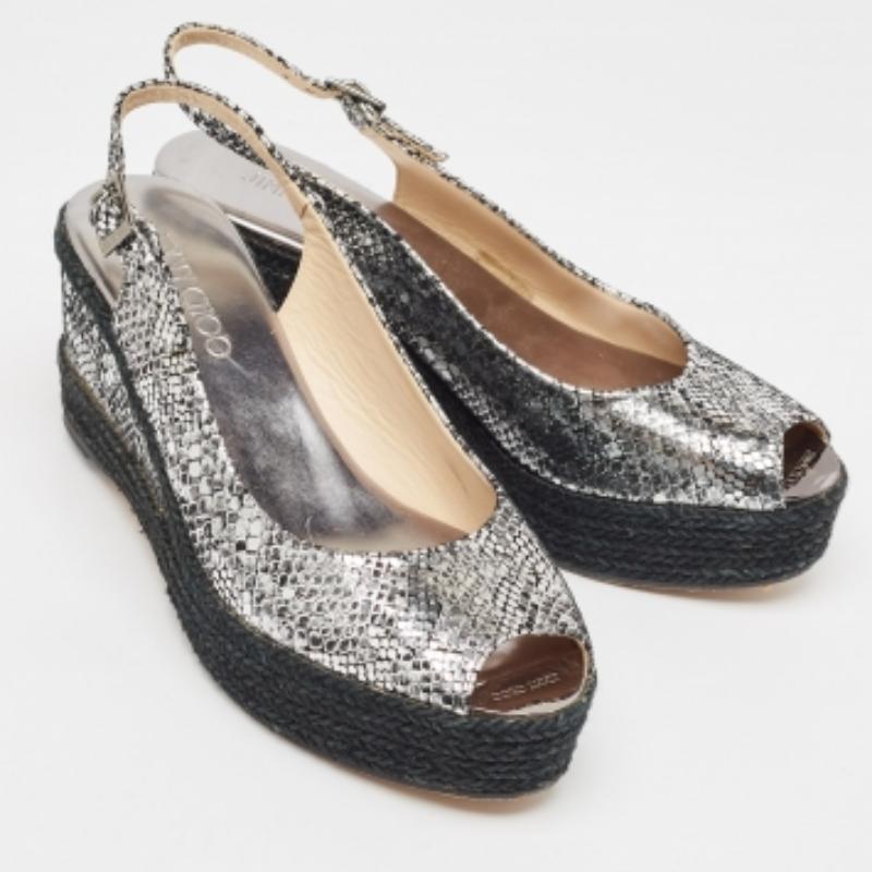 Black Jimmy Choo Silver Snake Embossed Leather Wedge Sandals Size 40 For Sale