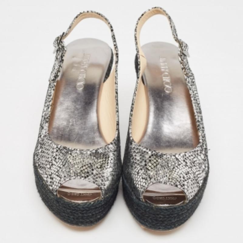 Jimmy Choo Silver Snake Embossed Leather Wedge Sandals Size 40 In Good Condition For Sale In Dubai, Al Qouz 2