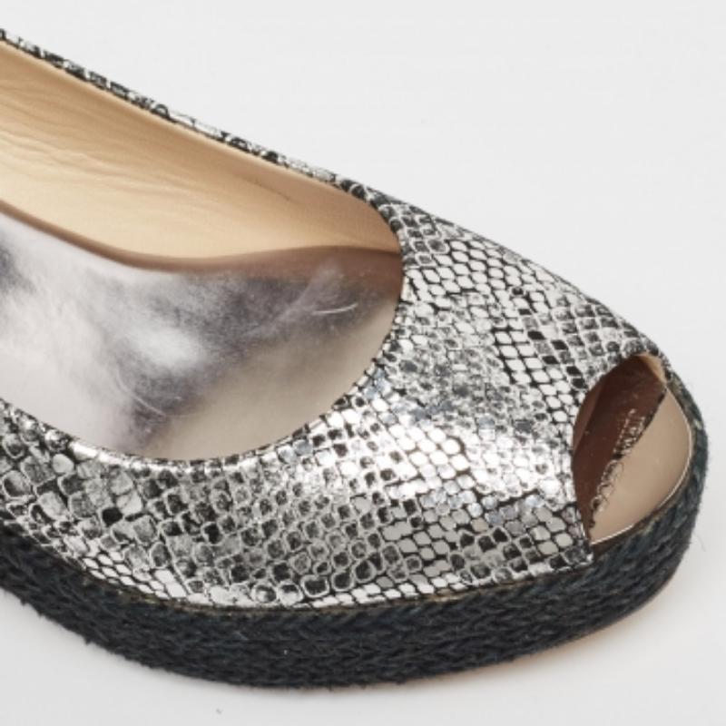 Jimmy Choo Silver Snake Embossed Leather Wedge Sandals Size 40 For Sale 2