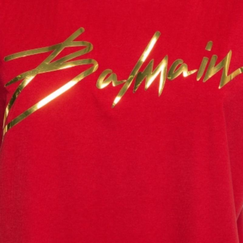 Donna Balmain Red Foil Logo Printed Cotton T-Shirt M. T. I. in vendita