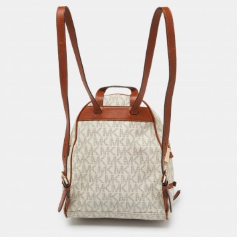 Michael Kors Zaino medio Rhea in tela rivestita e pelle, colore bianco/marrone in vendita 3