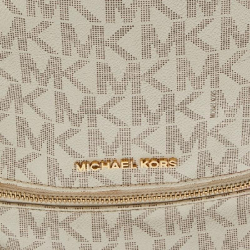 Donna Michael Kors Zaino medio Rhea in tela rivestita e pelle, colore bianco/marrone in vendita