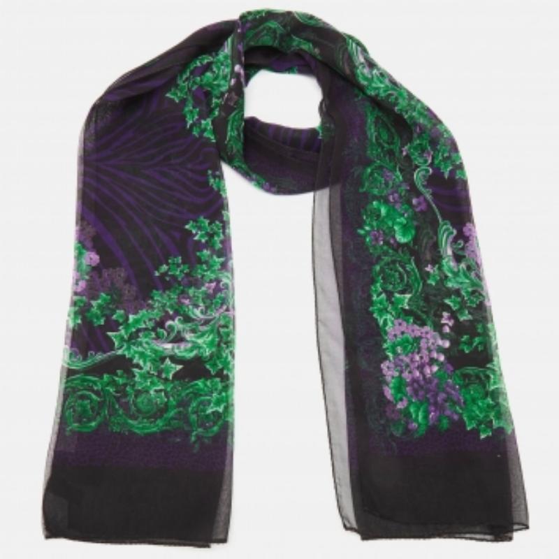 Nero Stola in seta con stampa floreale nera e viola di Versace in vendita