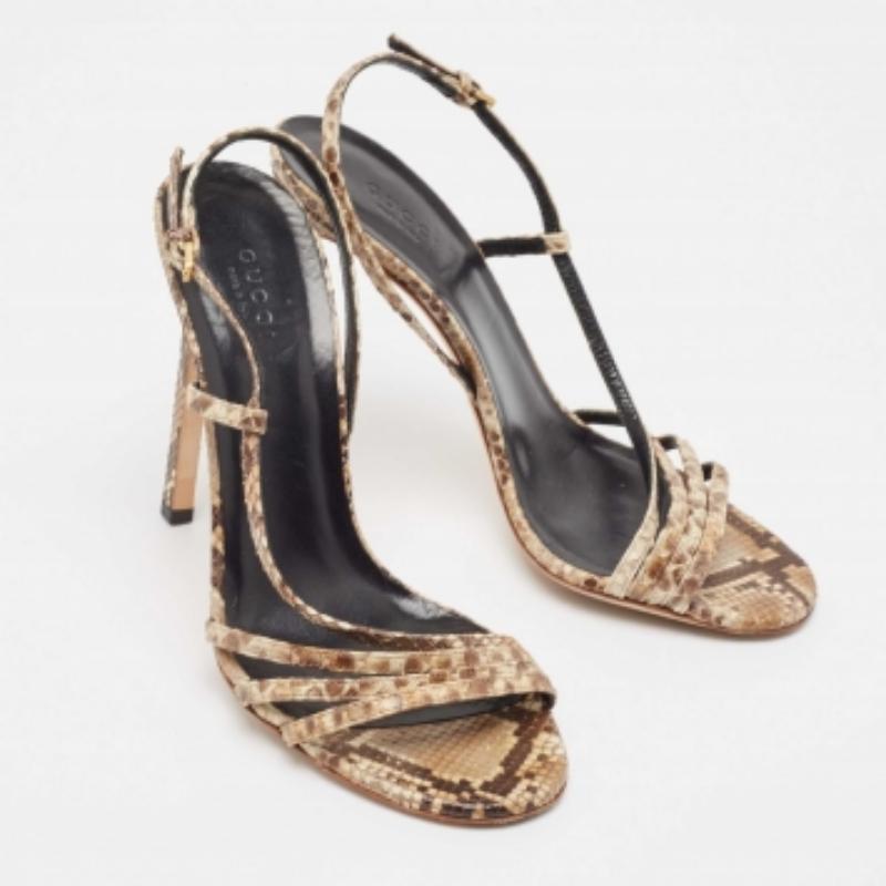 Marron Sandales à talon en python marron/beige de Gucci Taille 39 en vente