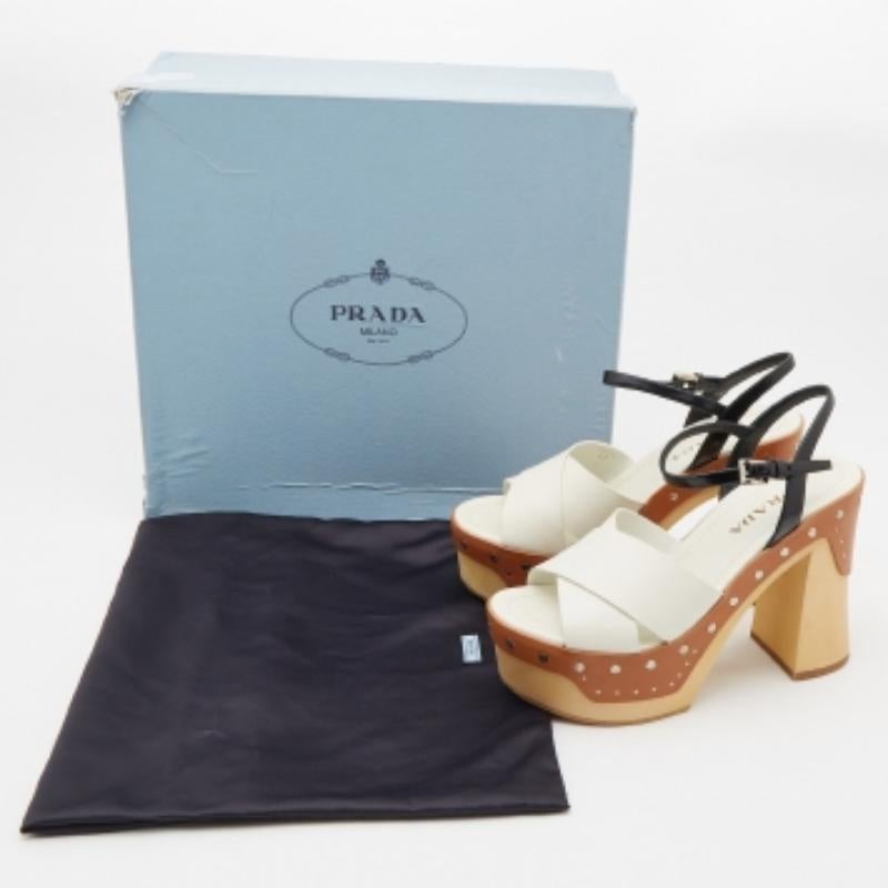 Prada White Leather Studded Platform Block Heel Ankle Strap Sandals Size 37 In Excellent Condition For Sale In Dubai, Al Qouz 2