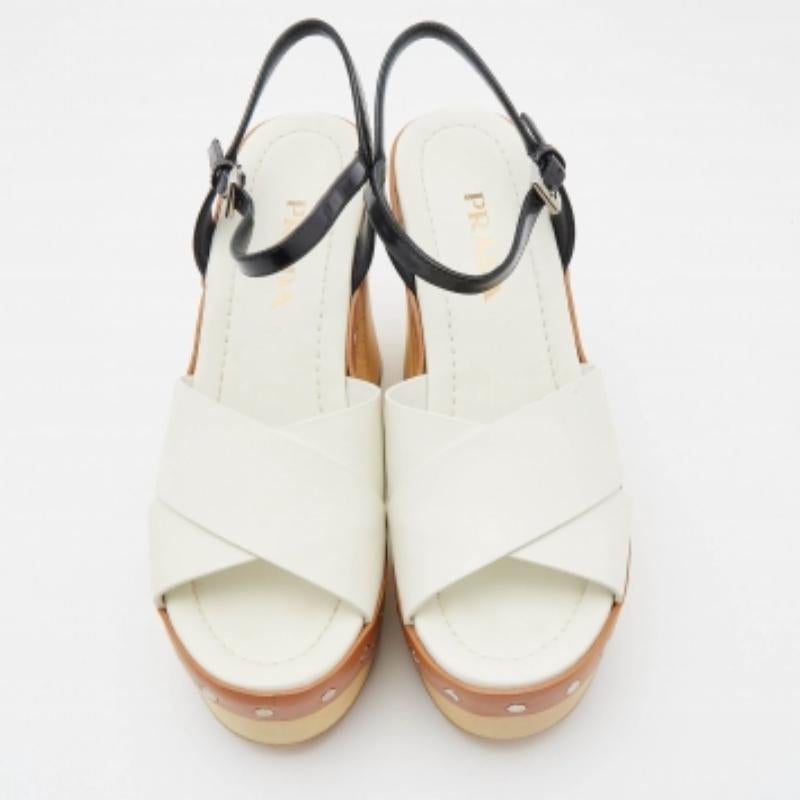 Women's Prada White Leather Studded Platform Block Heel Ankle Strap Sandals Size 37 For Sale