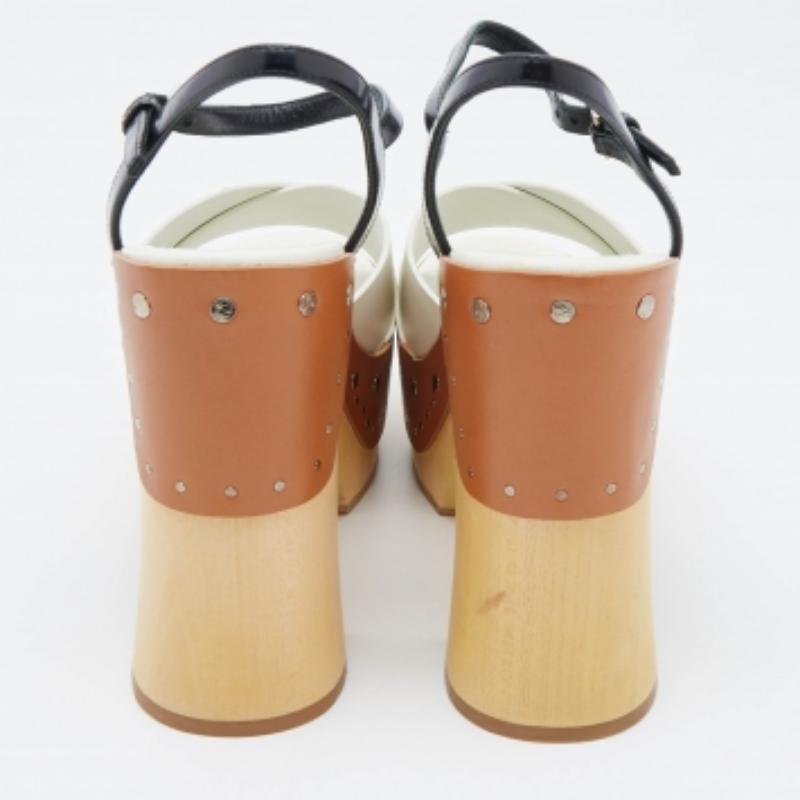 Prada White Leather Studded Platform Block Heel Ankle Strap Sandals Size 37 For Sale 1