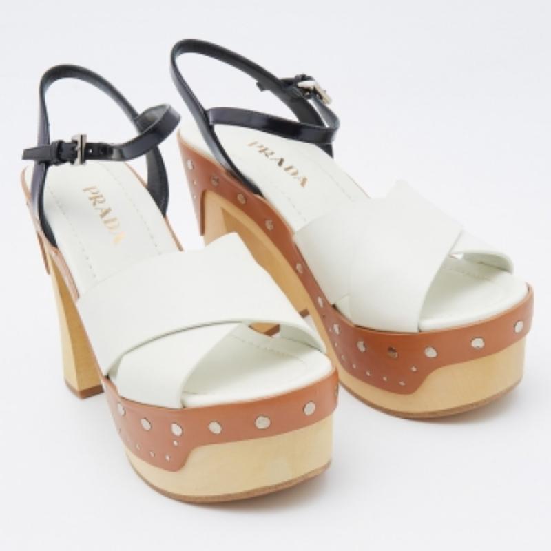 Prada White Leather Studded Platform Block Heel Ankle Strap Sandals Size 37 For Sale 2