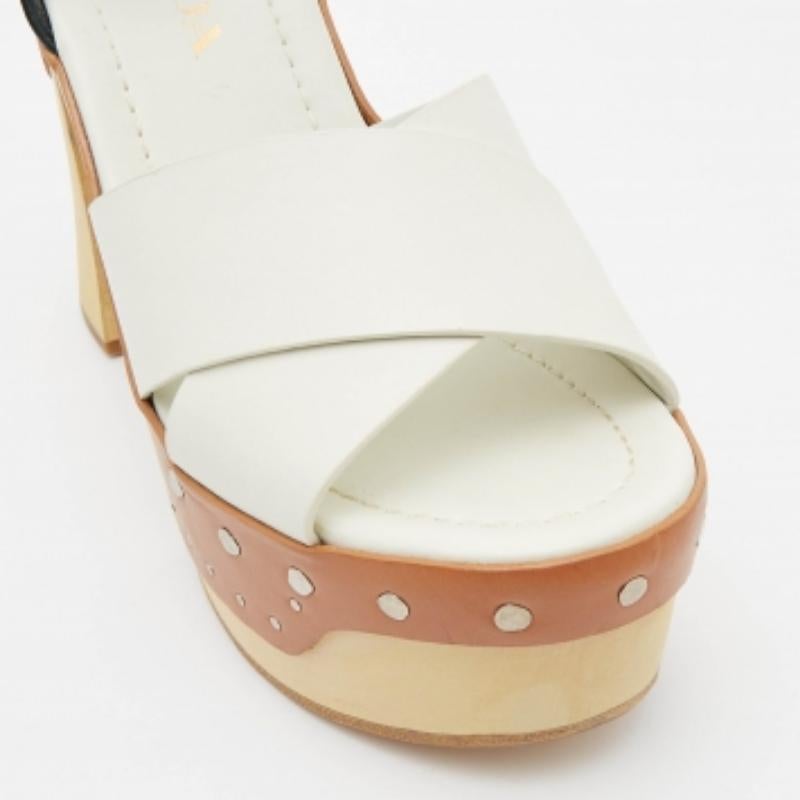 Prada White Leather Studded Platform Block Heel Ankle Strap Sandals Size 37 For Sale 3