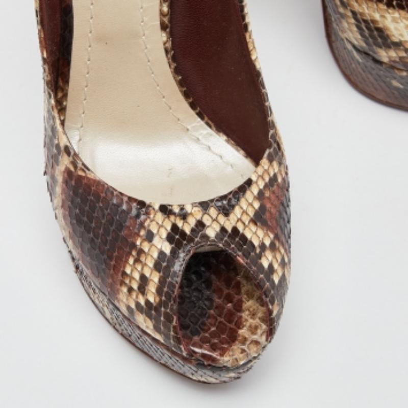 Escarpins à plateforme Peep-Toe Miss Dior en python marron Taille 39.5 en vente 1