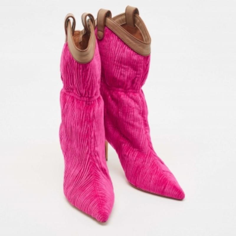 Rosso Malone Souliers Stivali a metà polpaccio in pelle e velluto plissettato marrone Daisy Taglia 37,5 in vendita