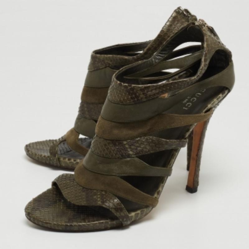 Sandales à lanières en python et daim de Gucci, vertes, taille 38 en vente 3