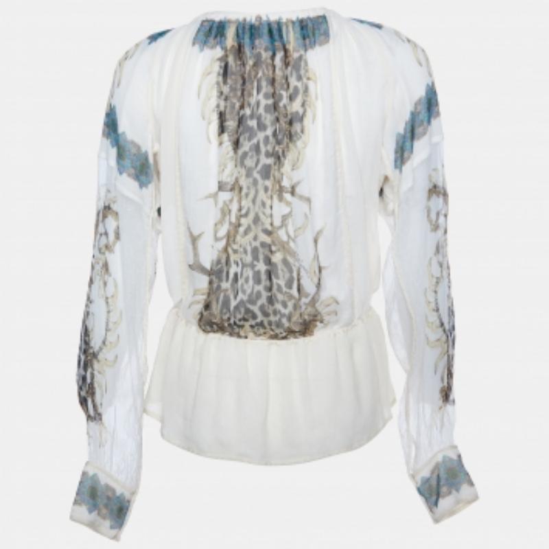 Donna Just Cavalli - Top in chiffon di seta stampato color crema - S in vendita