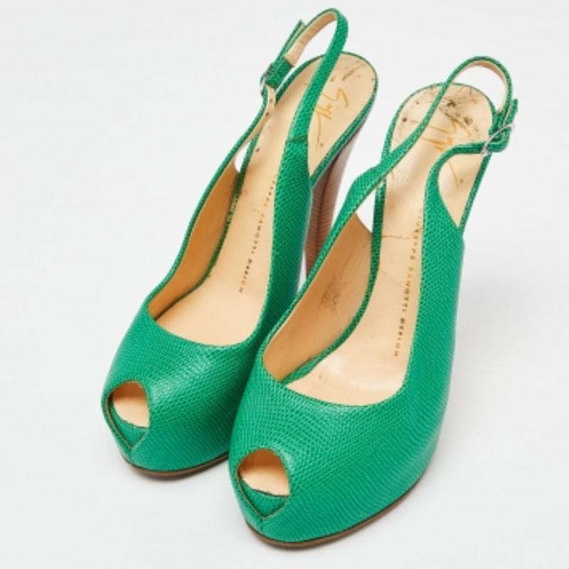 Vert Giuseppe Zanotti Sandales à talon en cuir gaufré au lézard vert Taille 39 en vente