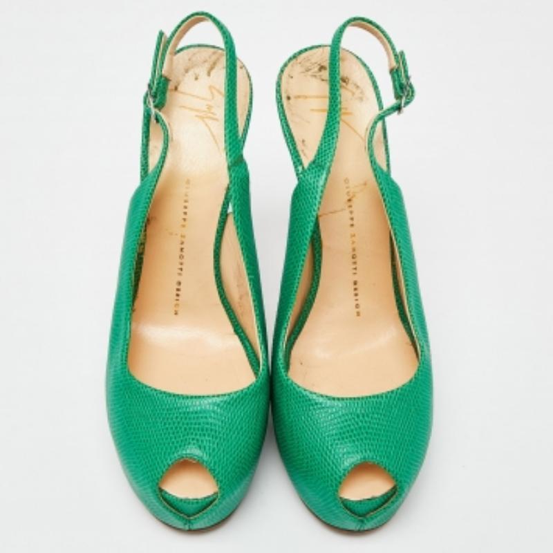 Giuseppe Zanotti Sandales à talon en cuir gaufré au lézard vert Taille 39 État moyen - En vente à Dubai, Al Qouz 2