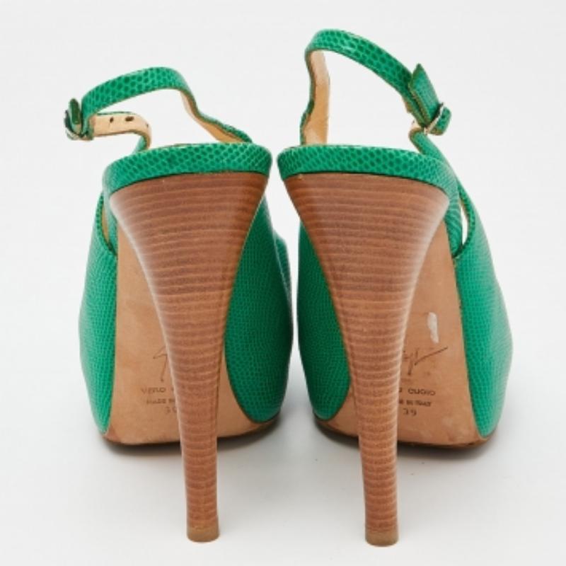 Giuseppe Zanotti Sandales à talon en cuir gaufré au lézard vert Taille 39 en vente 2