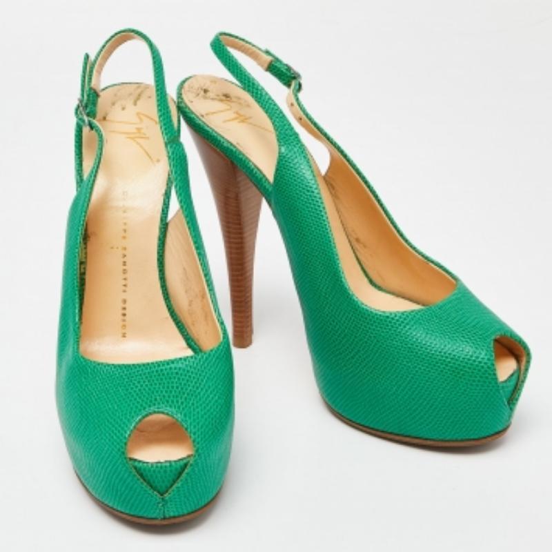 Giuseppe Zanotti Sandales à talon en cuir gaufré au lézard vert Taille 39 en vente 1
