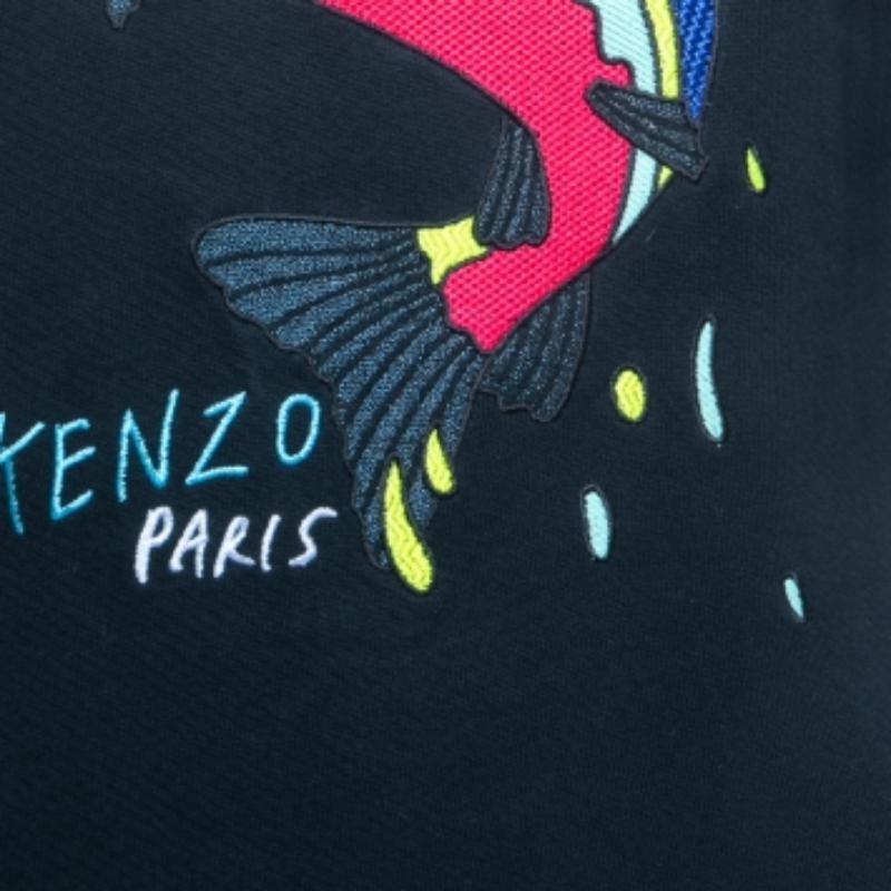 Donna Kenzo Felpa girocollo in cotone ricamato con logo squalo blu navy S in vendita